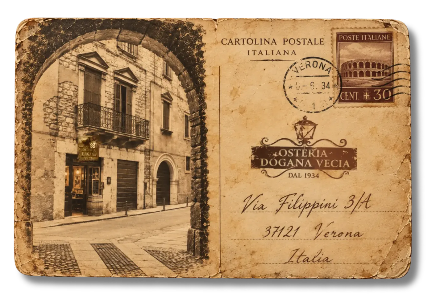 Cartolina d'epoca dell'Osteria Dogana Vecia, Via Filippini 3/A, Verona, dal 1934