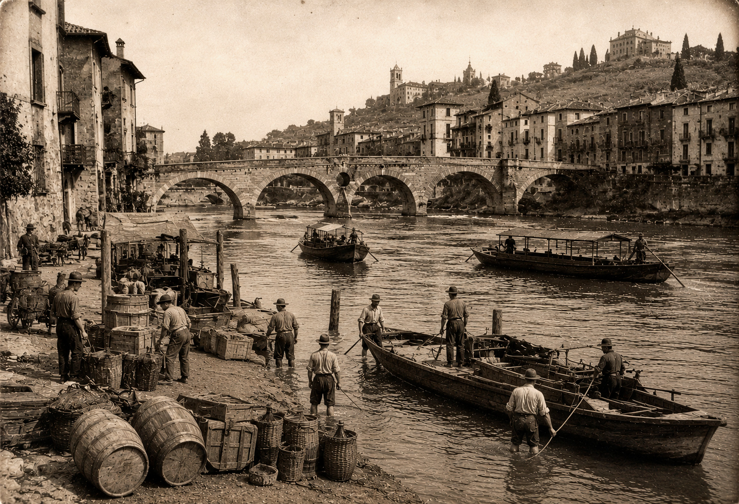 Barche sull'Adige a Verona, stampa seppia d'epoca