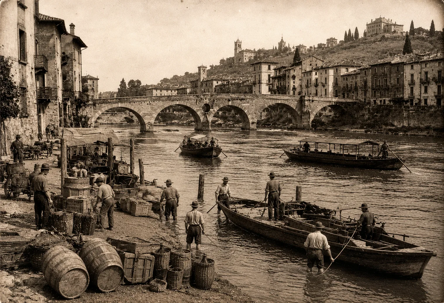 Barche sull'Adige a Verona, stampa seppia d'epoca
