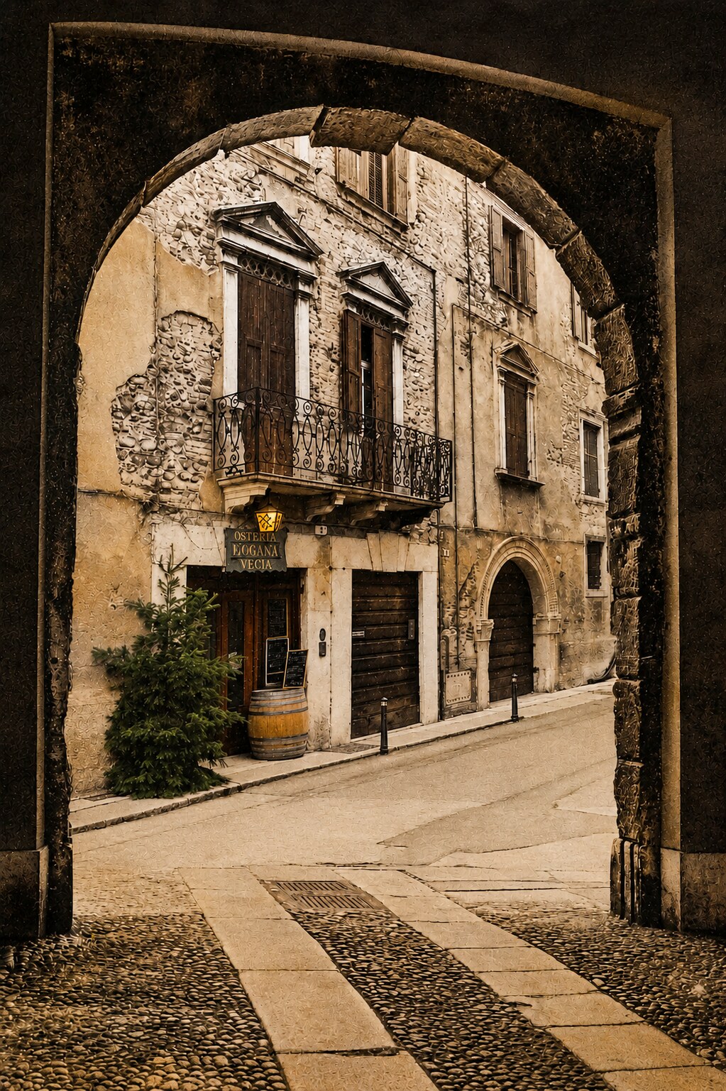 Ingresso dell'Osteria Dogana Vecia sotto l'arco di pietra