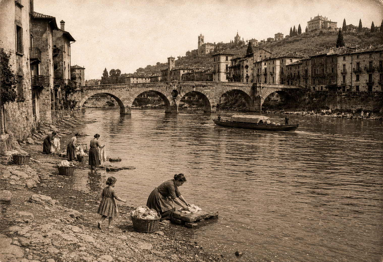 Veduta di Verona fluviale con Ponte Pietra, stampa seppia d'epoca
